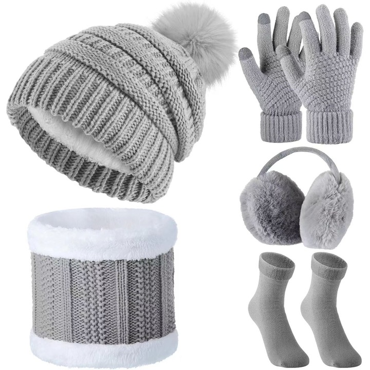Set 5 piese caciuli, fular, manusi tricotate cu captuseala din satin, caciula cu pompon, casti pentru iarna, multicolor, dimensiuni variate