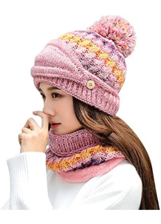 Set caciula si fular tricotat pentru femei, roz, 56-60cm