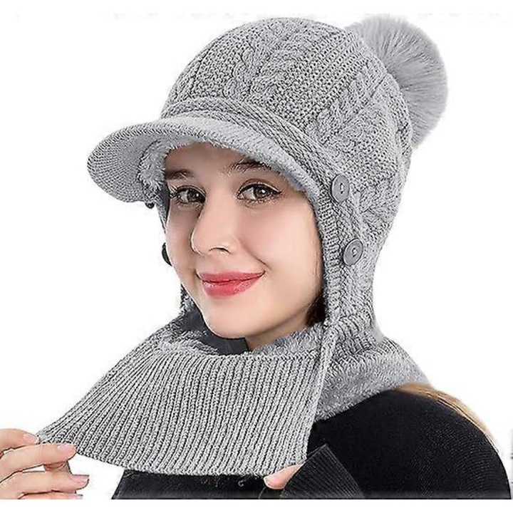 Kötött sapka és sál szett, bézs, egy méret, műszőrme pomponnal, télre