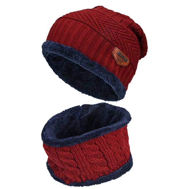 Set caciula si fular unisex, Acrilic/Poliester, Rosu, One Size