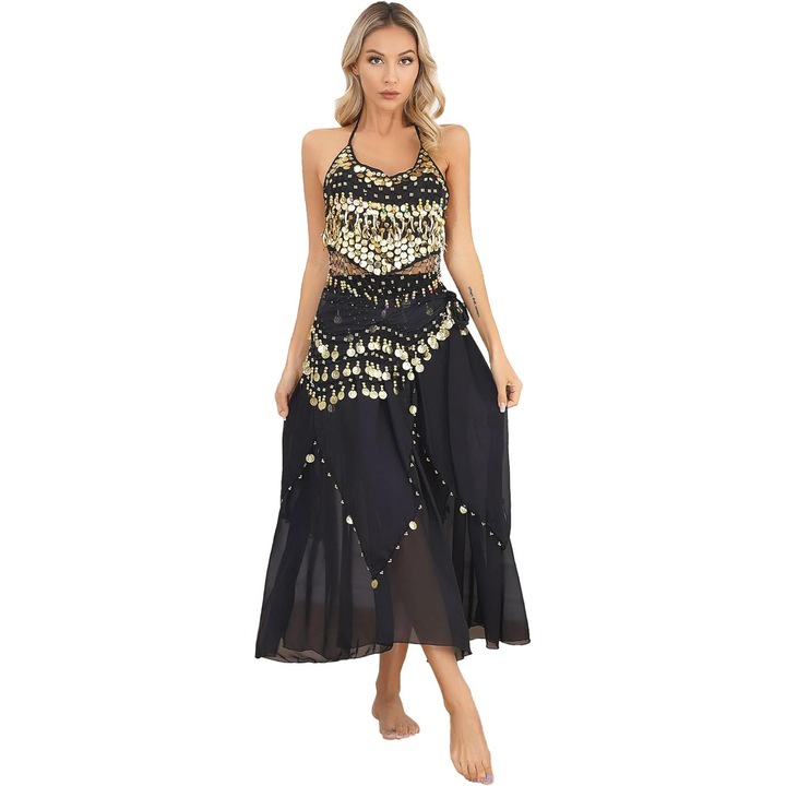 Costum de dans belly dance, crop top cu bretele, fusta din chiffon, esarfa cu paiete, set 3 piese, negru, o marime