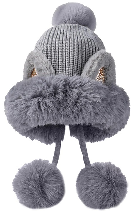 Női téli sapka macskafülekkel és pomponokkal, szürke, univerzális méret