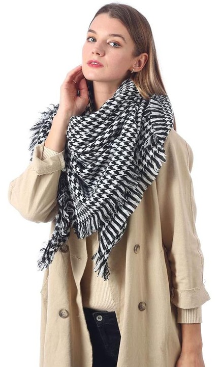 Női sál, négyzet alakú, fekete-fehér, akril gyapjú, 140x140cm, szezon: ősz/tél