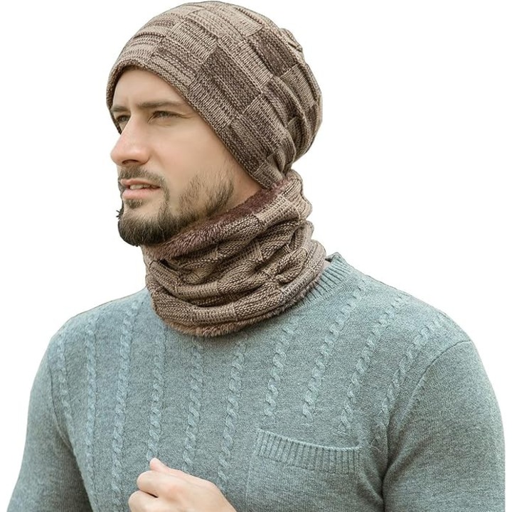 Set de iarna pentru barbati, caciula si fular, material termic, bej, dimensiune unica