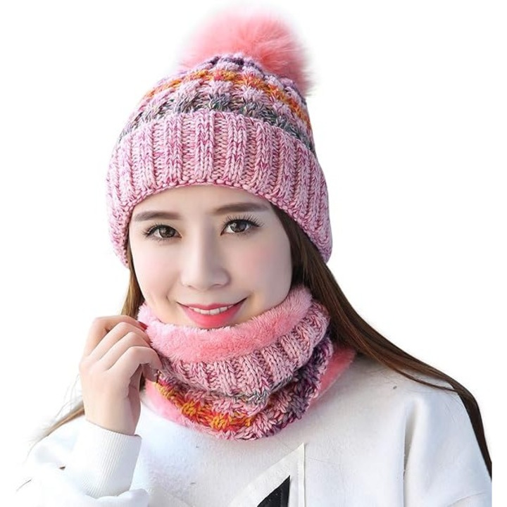 Set caciula si fular pentru femei, caciula tricotata cu pompon, multicolor, medie-mare