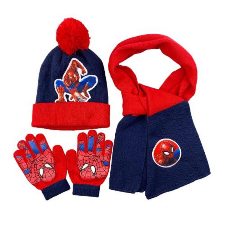 Set de iarna pentru copii, Spider-man, caciula 52-54cm, fular 120x16cm, manusi 16cm, multicolor
