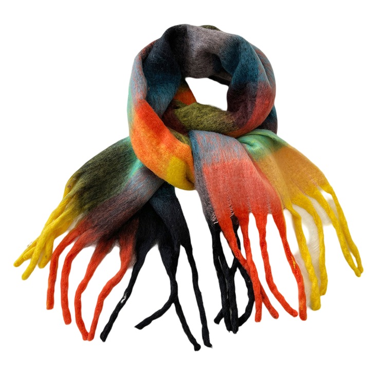 Esarfa de iarna pentru femei, mare, multicolora, cu franjuri, model tartan, 100x100cm