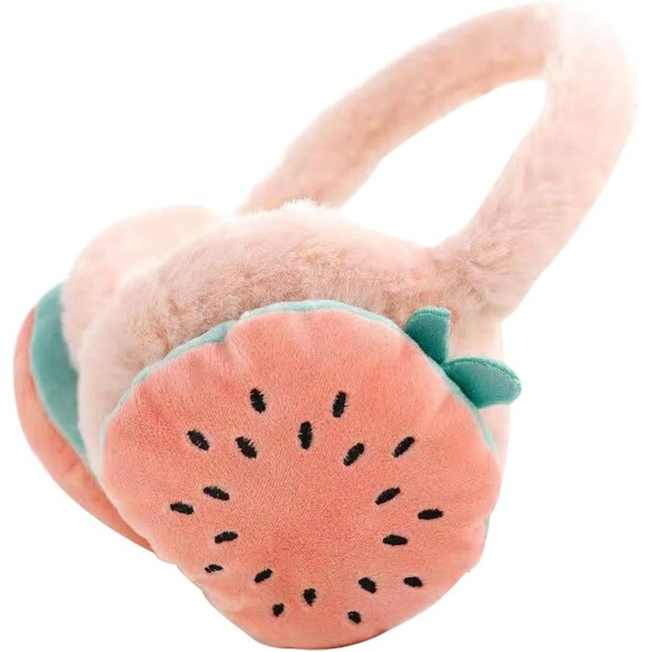 Téli sapkák, világos rózsaszín, rövid plüss, felnőtteknek és gyerekeknek, gyümölcs design, állítható szett