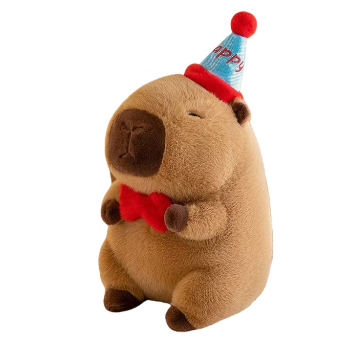 Плюшена играчка Капибара, Fantasy, 25 см, с празнична шапка "Happy", нетоксичен, мек и издръжлив материал