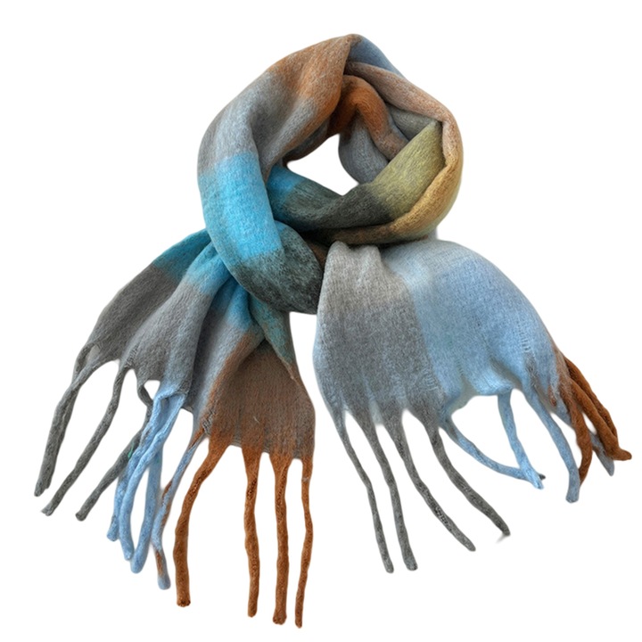 Esarfa de iarna pentru femei, mare, multicolor, cu franjuri, model tartan, 100x100cm