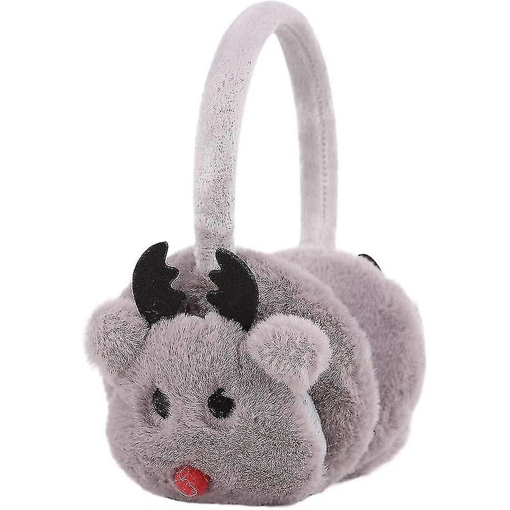 Plüss téli fülvédő, rénszarvas modell, 12 cm átmérőjű, szürke