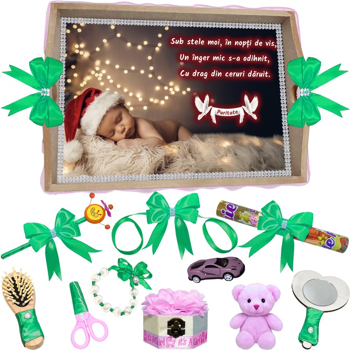 Set Tava pentru Taiere Mot si Rupere Turta de Iarna Complet cu Accesorii Lorebebe pentru fete, 11 Piese, Tavita Mot, Model Somnicul Craciunului, 32x24 cm, Prima Aniversare Un An, Cadou Un An, Verde