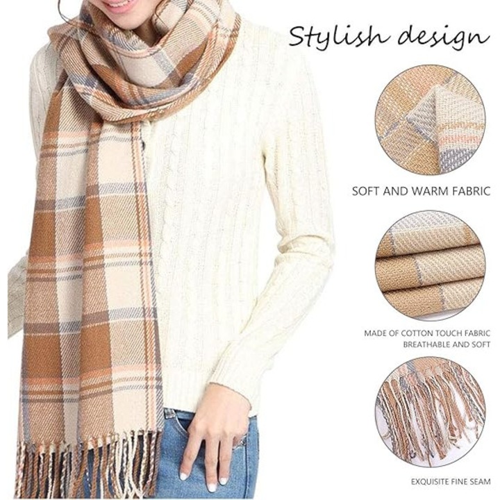 Esarfa de iarna pentru femei, model tartan, lungime 208x62cm, tonuri calde, din imitatie de casmir