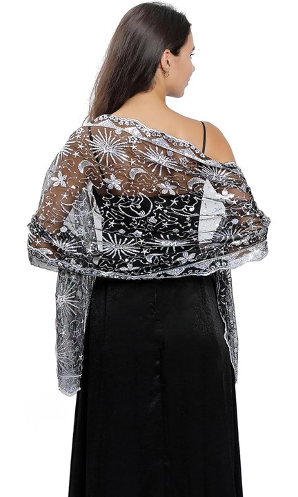 Esarfa de nunta cu paiete, 190x60cm, argintiu