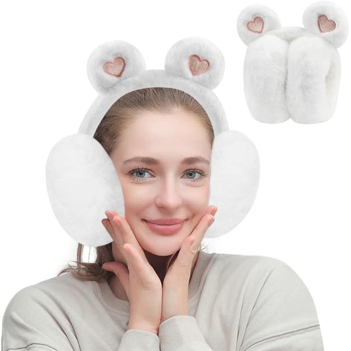 Дамски пухкави наушници, сгъваем дизайн, бяло с розови детайли, регулируем размер