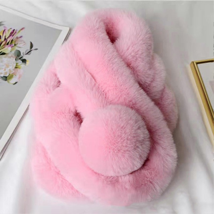 Esarfa din blana sintetica, gri deschis, 70x14cm, unisex, stil fashion