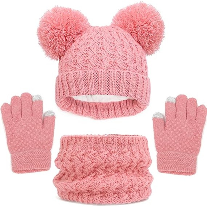 Set 3 piese caciula, fular si manusi pentru copii, mov inchis, 2-8 ani, cu design elastic si manusi cu touchscreen
