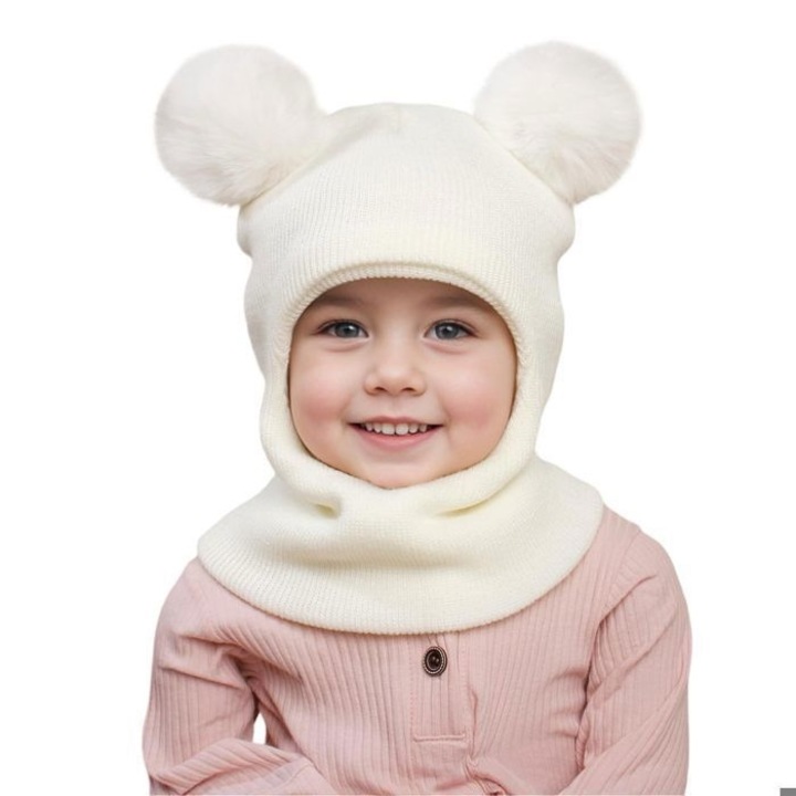Caciula si fular pentru copii, design cu pompon, alb, 1-8 ani