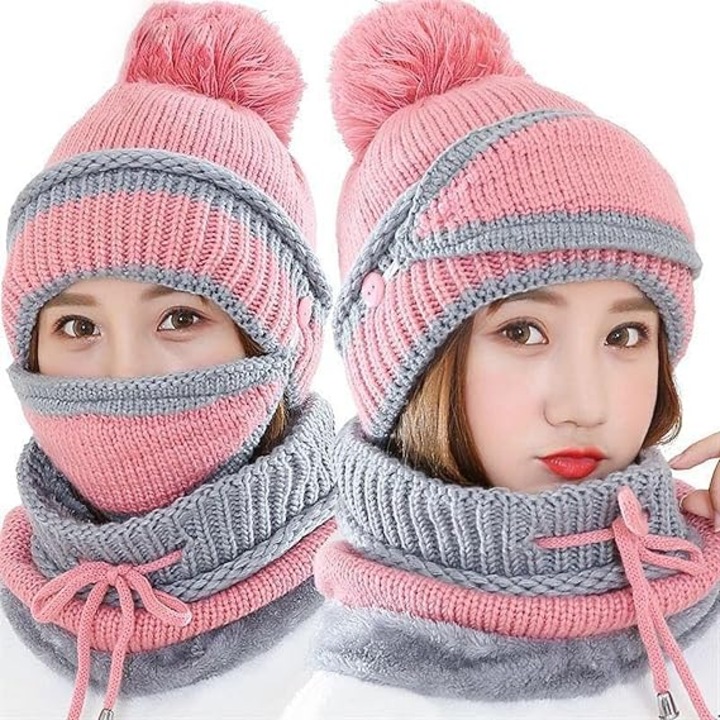 Női téli szett: sapka, sál, kesztyű és maszk, fekete, 4 részes, kötött akril anyag