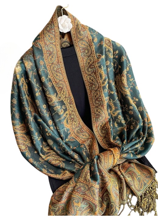 Sal subtire pentru dama din materiale premium, bordura cu franjuri, culoarea verde maro, theCasius.®