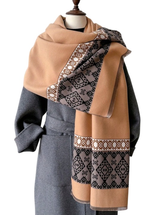 Esarfa tip sal pentru dama din materiale premium, model Etnic, culoarea bej maro, theCasius.®