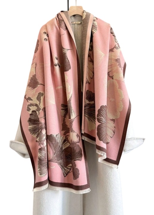 Esarfa lunga tip sal pentru dama din materiale premium, model flori mari maro, culoarea roz, theCasius.®