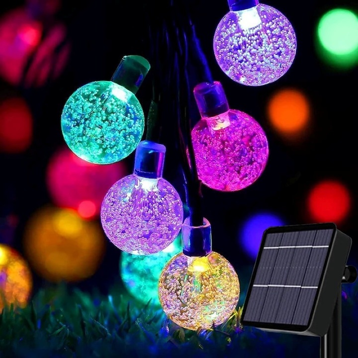 EMATTERIO napelemes karácsonyi fényfüzér, 50 LED-es, kristálygömbökkel, többszínű, napelemes töltés, fényérzékelő, kültéri, udvarra, teraszra vagy kertbe