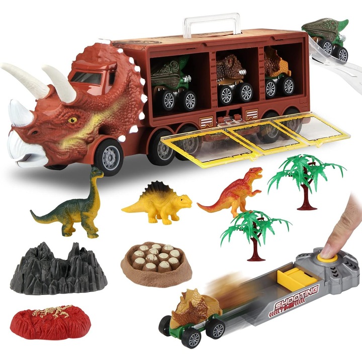 LuckyLu® dinoszaurusz szállító teherautó játékkészlet gyerekeknek, interaktív dinó szállító autó, zene és dinoszaurusz hangok, 3+, 34 x 6.6 x 10 cm, többszínű