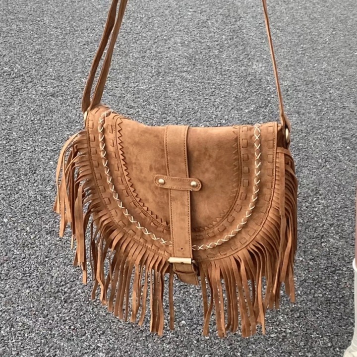 Дамска чанта Crossbody, изработена от екологична велурена кожа, с бохо ресни и декоративни шевове, ежедневен-фестивален стил, 26x3x29 см, кафява, PriStyle®