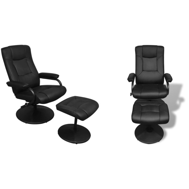 Fotoliu TV cu taburet, negru, piele ecologica