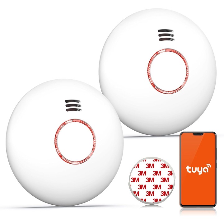 Set 2 Detectoare de Fum Inteligente cu Wi-Fi, Andyssey, Suport Magnetic, Alarma 85dB, Senzor Fotoelectric, Alb