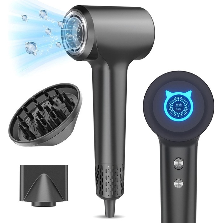 Професионален Сешоар Velisse™, Мощен, 1500W, 110.000 RPM, Третиране с Отрицателни Йони, 2 Степени на Скорост, 4 Степени на Температура, 3 Вида LED Осветление, Бързо Сушене, Компактен Дизайн, Преносим, Концентратор 360° + Дифузер за Обем, Сив