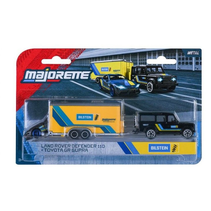 Set Masinute Simba Majorette Transporter, remorca Land Rover Defender 110 si masinuta Toyota GR Supra, multicolor