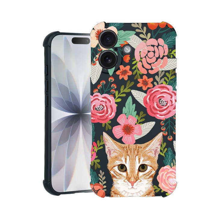 BestCase® Husa TPU Pro Shock Compatibila cu Apple iPhone 14 Pro, cu Design Cat and Flowers, colturi intarite, 3100029 ASB 638