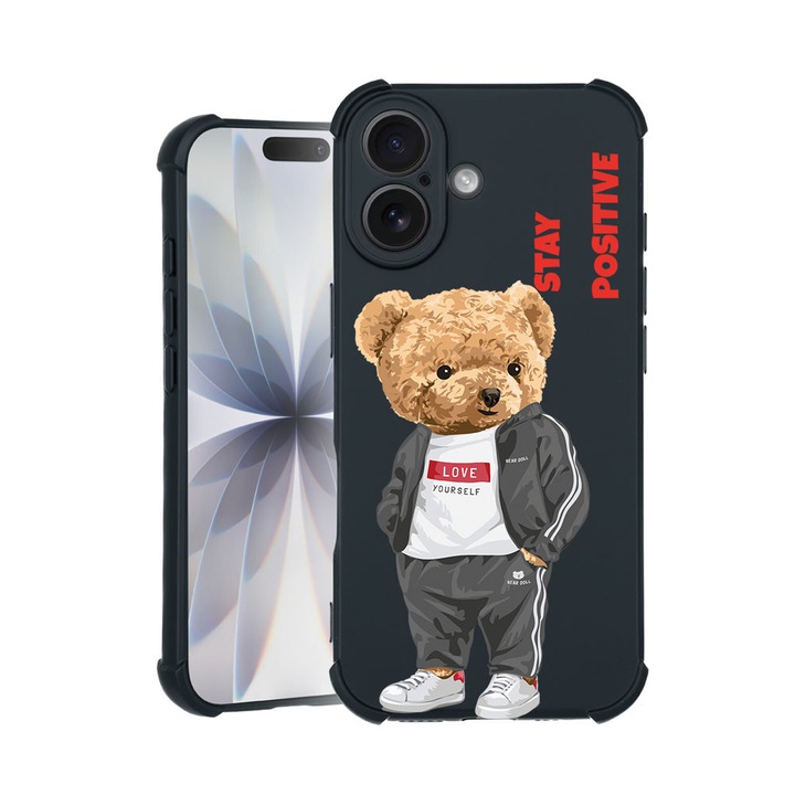 BestCase® Husa TPU Pro Shock Compatibila cu Apple iPhone 14 Pro, cu Design Stay Positive - Teddy Bear, colturi intarite, 3100029 ASB 926