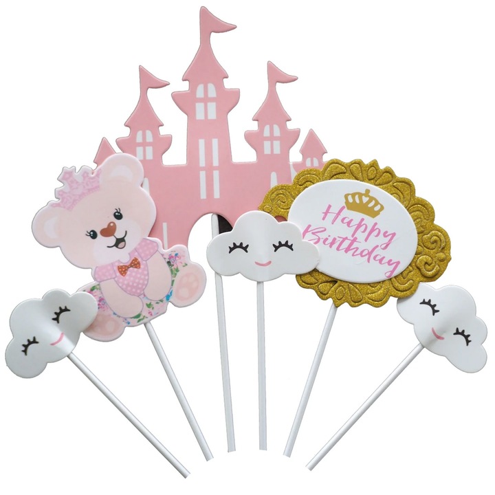 Set 6 Decoratiuni Tort cu Castel si Ursulet, Balloo, Multicolor