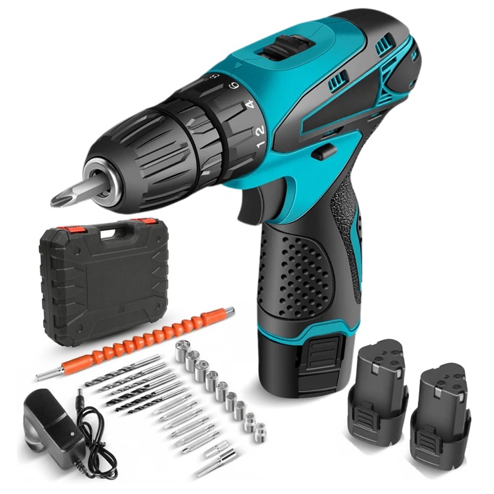 Masina de gaurit si insurubat cu percutie, 48V, 32Nm, set complet cu 25 accesorii, 2 acumulatori, mandrina automata 10mm