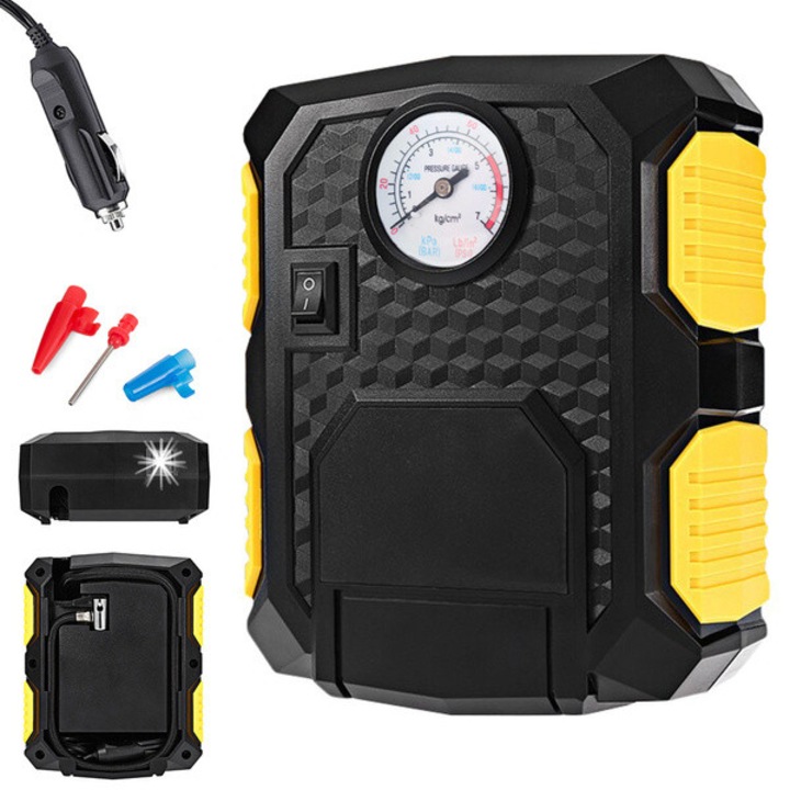 Автомобилен компресор 12V, 100PSI 7BAR, 120W, аналогов манометър, вграден LED, 19.5 x 15.5 x 7.5 см, цвят Черно-Жълт