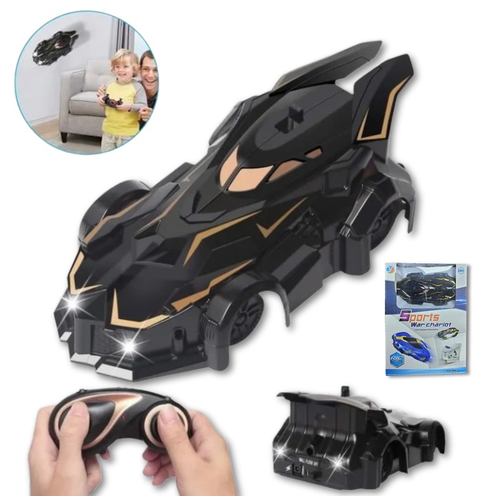 Távirányítós autó, LuckyLu®, antigravitációs R/C játékautó, falra és mennyezetre mászó, intelligens, falmászó, sárga – fekete, 14 x 7 x 5 cm