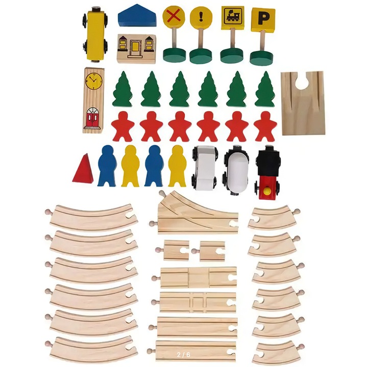 Set Tren din Lemn, 48 Piese cu Magnet – Locomotiva, Vagoane, Sine si Accesorii din Lemn