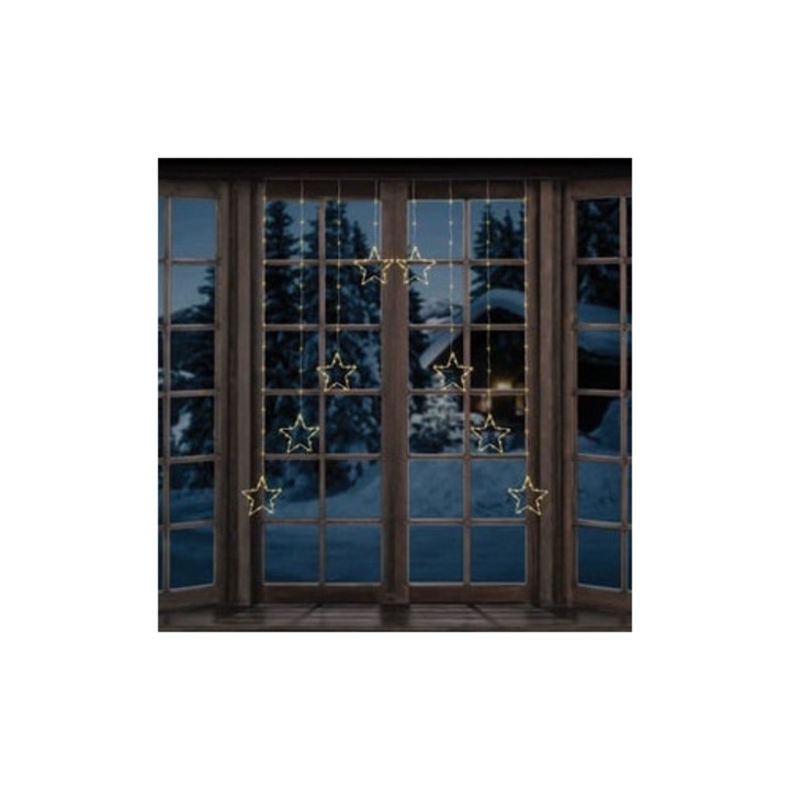 Instalatie Lumini Perdea Baterii AA, Craciun LED cu 7 Stele, 184 BecurI, 2, 25 m, Alb Cald, Interior & Exterior, 8 Functii