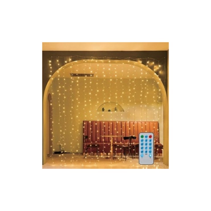 Perdea LED pe Baterii cu 200 BecurI, Lumini Ritmice si Telecomanda, 2, 13 × 1, 89 m, Alb Cald, Interior & Exterior, Functie Muzicala