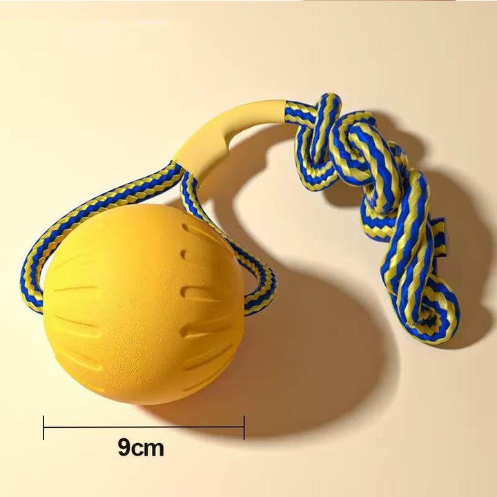Kutyakiképző labda, 9cm, sárga, fogtisztító hatással, kötéllel
