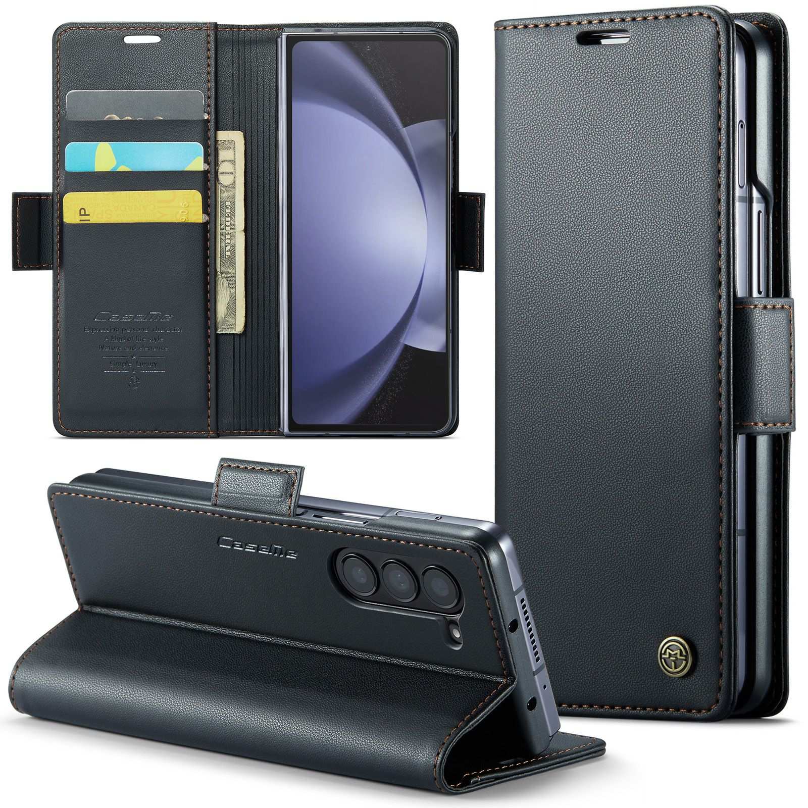 Husa Portofel din Piele pentru Samsung Galaxy Z Fold7 / Fold 7, Slim, cu Stand si Protectie RFID, Inchidere Magnetica, Textura Premium, Negru