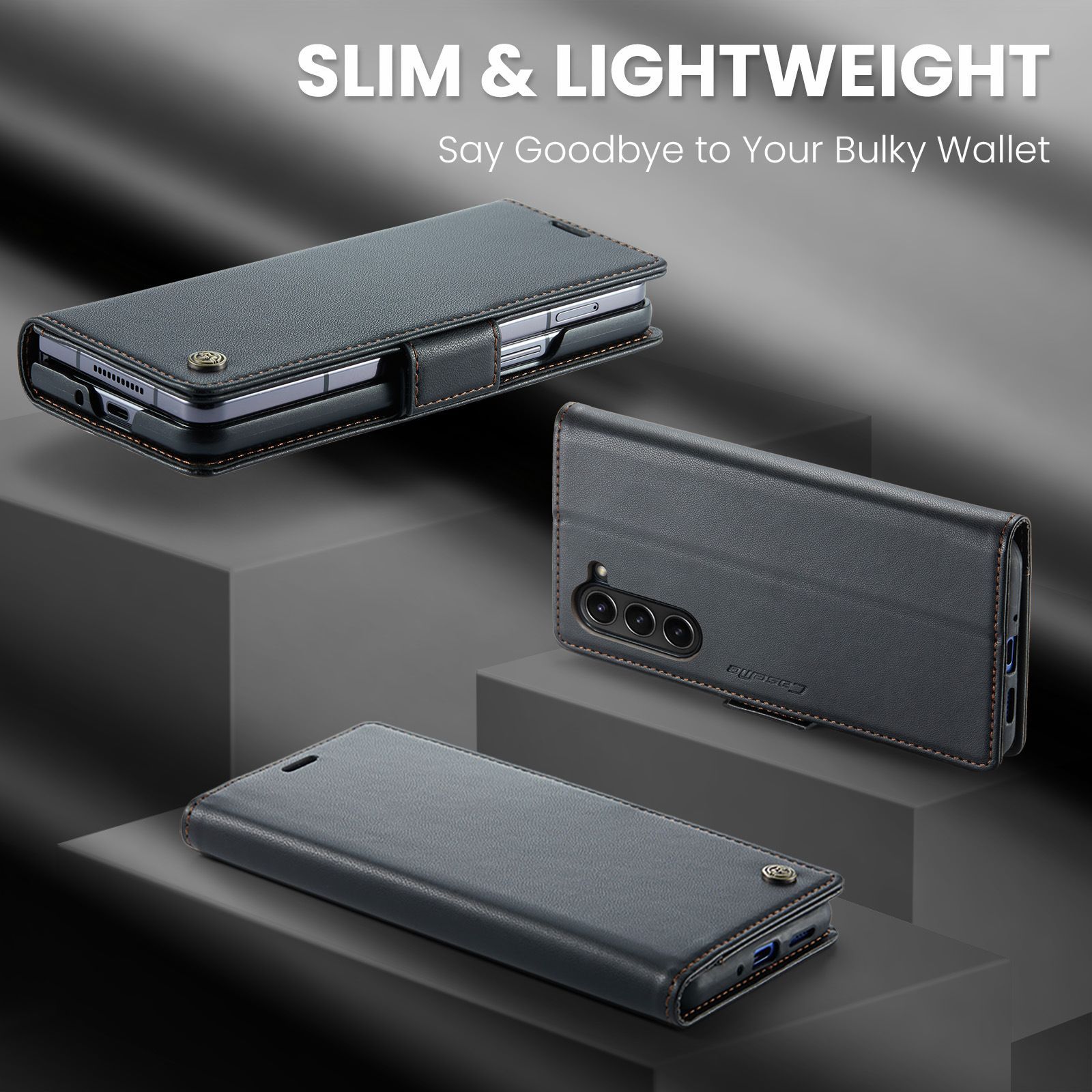 Husa Portofel din Piele pentru Samsung Galaxy Z Fold7 / Fold 7, Slim, cu Stand si Protectie RFID, Inchidere Magnetica, Textura Premium, Negru