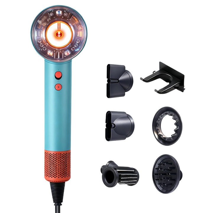 Професионален сешоар, 1600W, 3 скорости, 4 температурни настройки, бързо и интелигентно сушене, с 5 приставки, син/оранжев