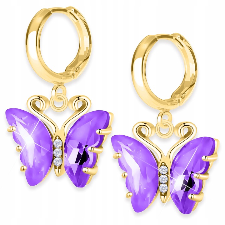 Cercei Larezo din argint 925 cu fluturi mov, acoperire aur 585, dimensiuni 30x19,5mm