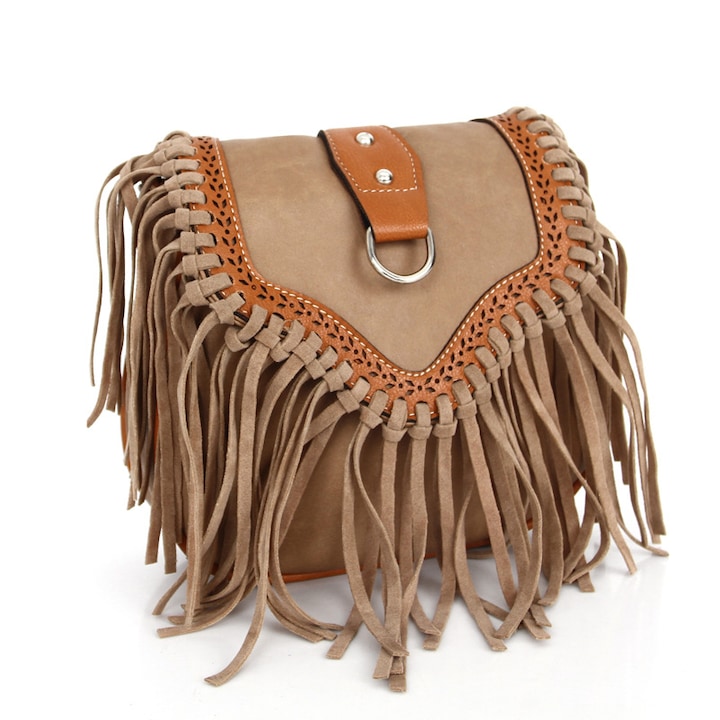 Női Crossbody Táska Rojtokkal, Ökológiai Bőrből, Boho-Western Stílusú, Díszítő Varrásokkal, 25x25x10 cm, Krém, PriStyle®