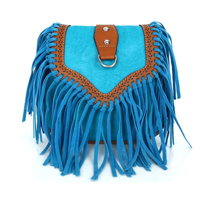 Női Crossbody Táska Rojtokkal, Ökológiai Bőrből, Boho-Western Stílusú, Díszvarrásokkal, 25x25x10 cm, Kék Barna Akcentusokkal, PriStyle®