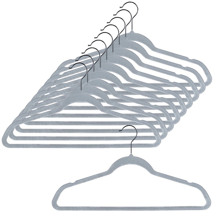 Set 10 umerase pentru haine, Artemis, velur, gri, 45x24,5x0,5cm